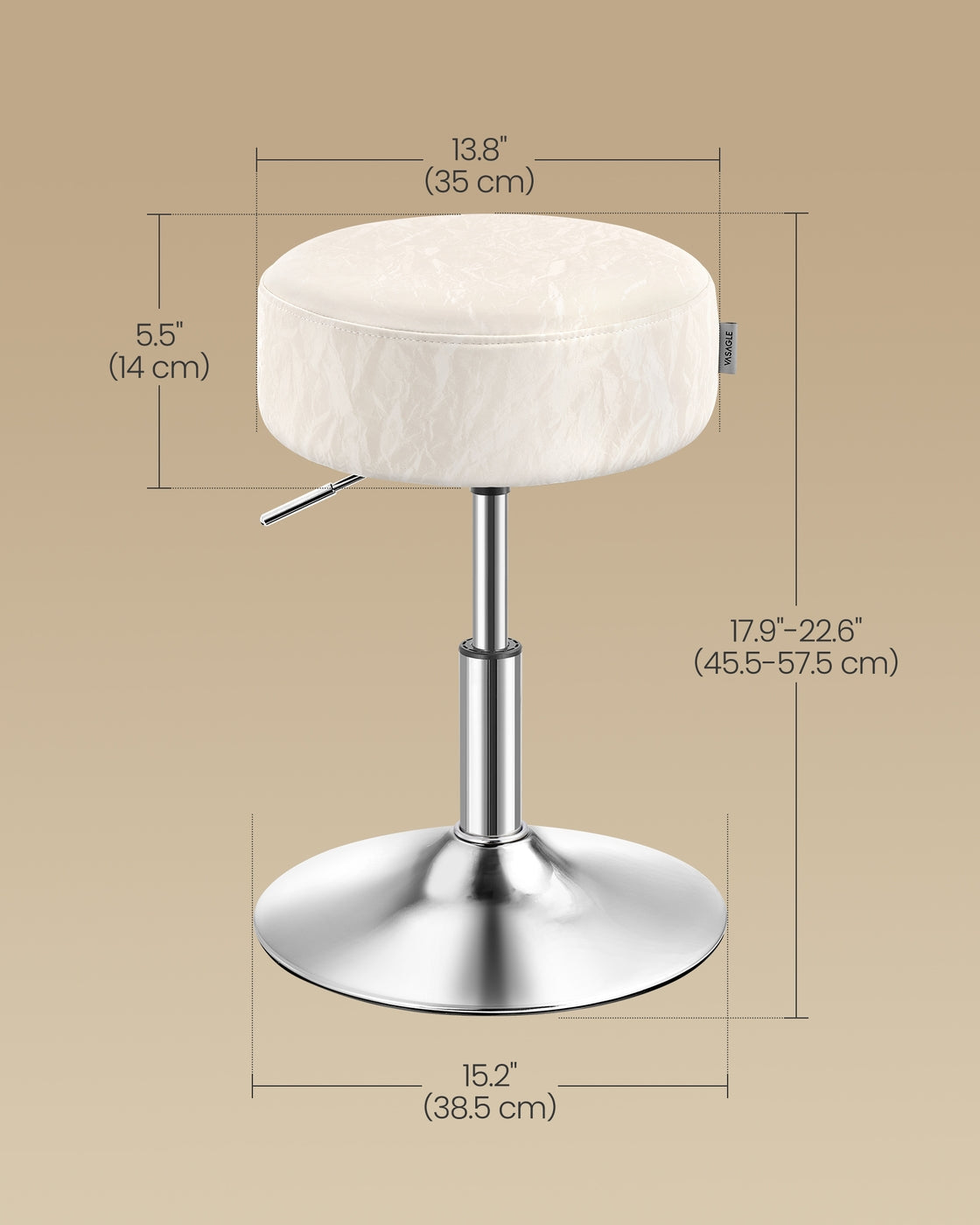 Height Adjustable Makeup Vanity Stool – PU Upholstery – Cream White – 360° Swivel, Thick Cushion