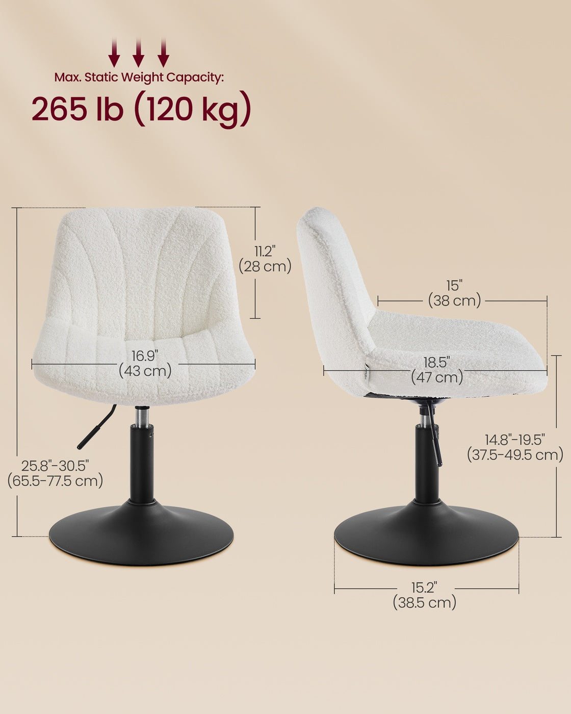 Dressing Table Chair - Adjustable Height - Foam and Fabric - 360° Swivel - Backrest Support