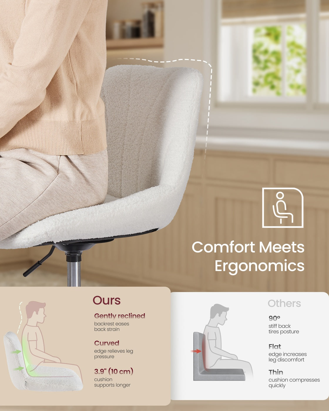 Dressing Table Chair - Adjustable Height - Foam and Fabric - 360° Swivel - Backrest Support