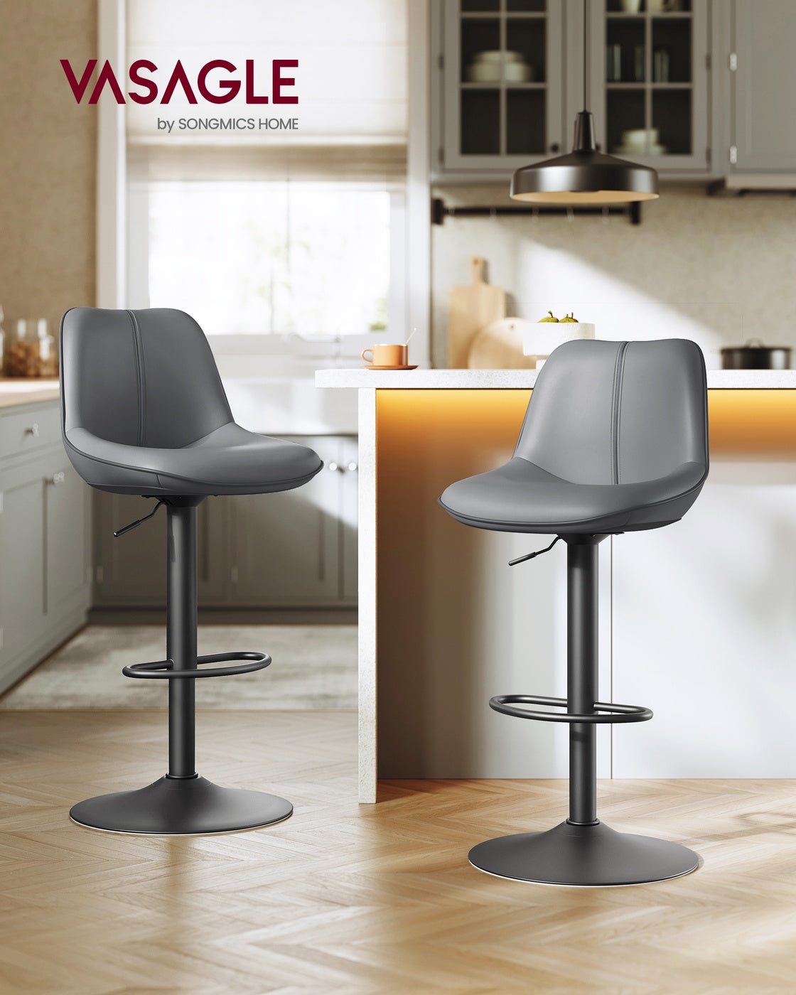 Height Adjustable Swivel Bar Stools – Synthetic Leather – Quilt – Set of 2 with Back and Footrest