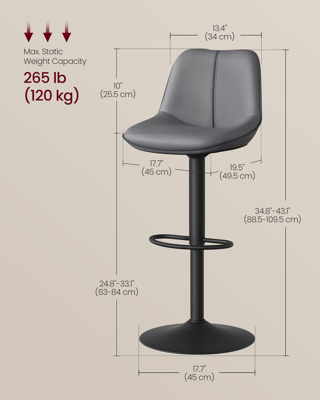 Height Adjustable Swivel Bar Stools – Synthetic Leather – Quilt – Set of 2 with Back and Footrest