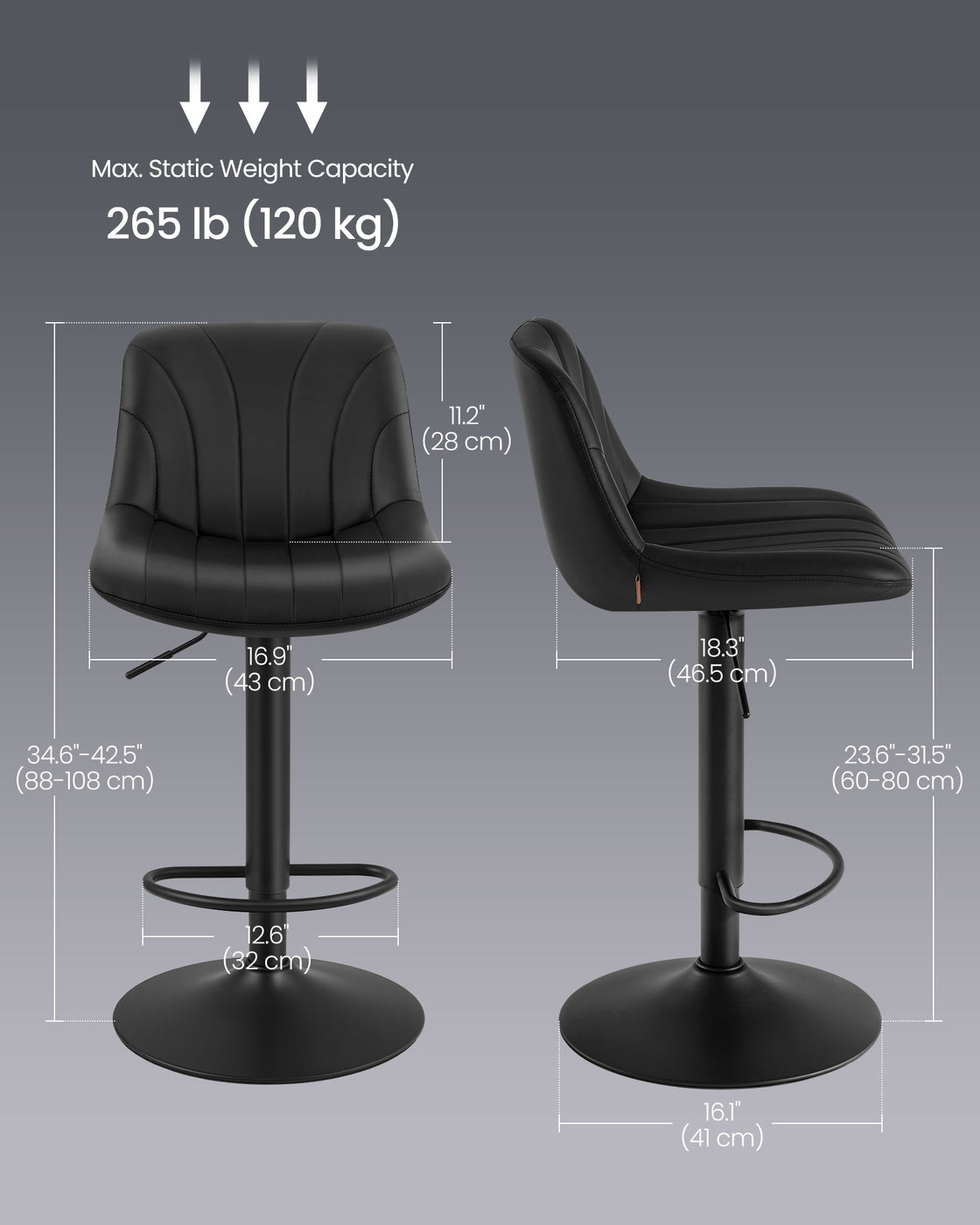 Adjustable Swivel Bar Stools - 2-Piece Set - PU Leather - Backrest - Metal Footrest