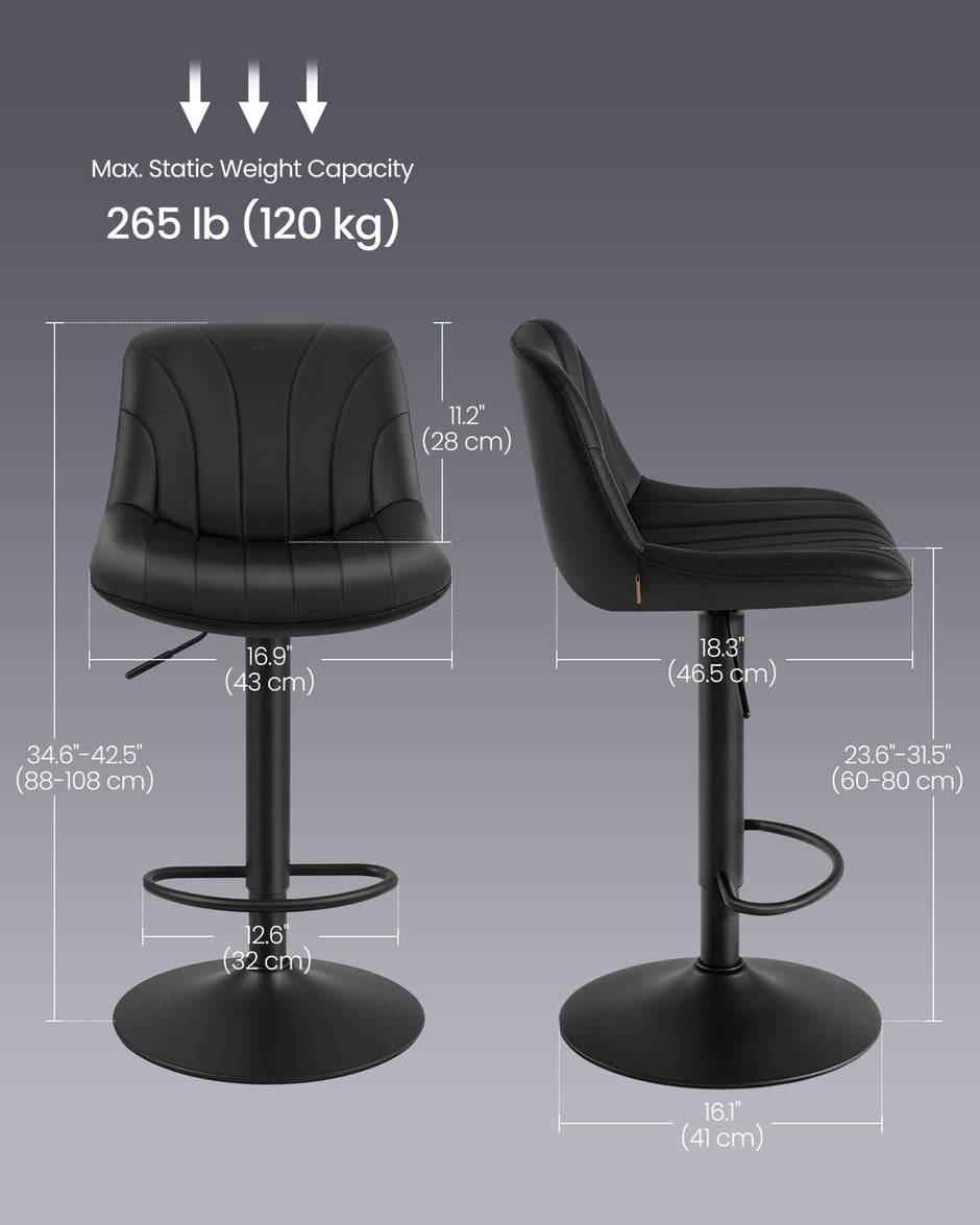 Adjustable Swivel Bar Stools - 2-Piece Set - PU Leather - Backrest - Metal Footrest