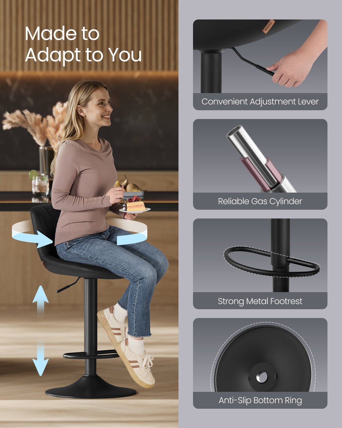 Adjustable Swivel Bar Stools - 2-Piece Set - PU Leather - Backrest - Metal Footrest