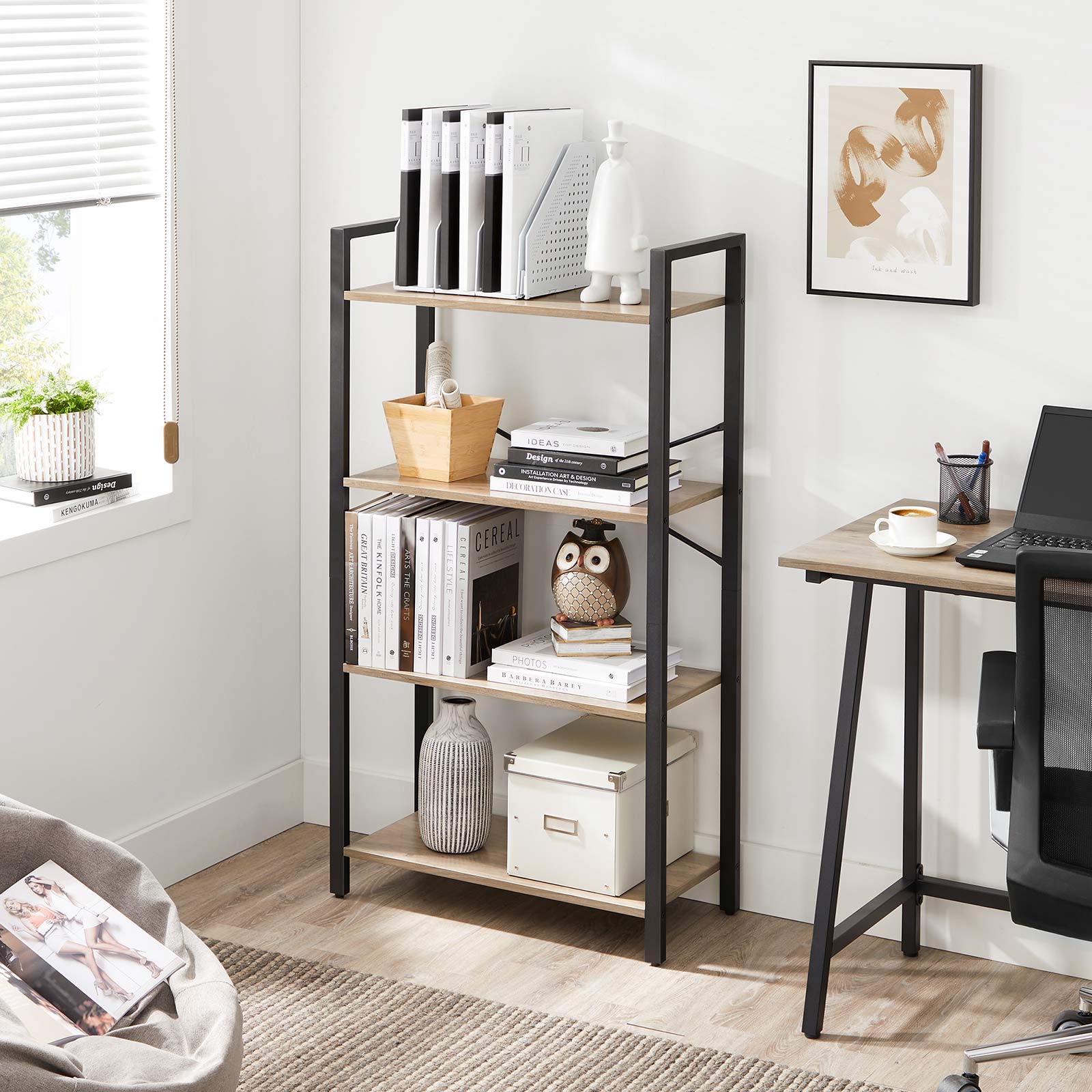 4-Tier Bookshelf – Iron Frame – Greige and Black – Industrial Design