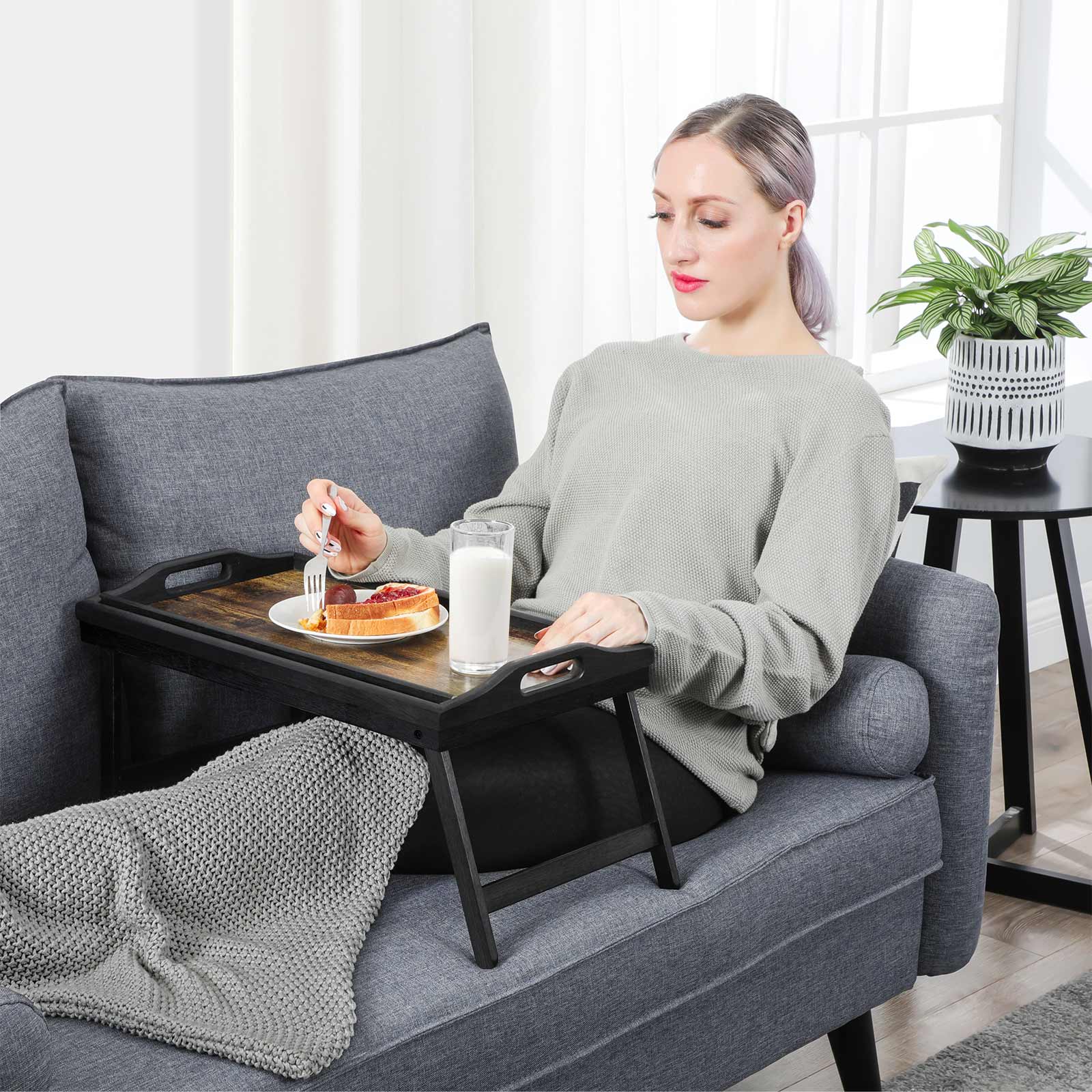 Breakfast Tray Table – Bamboo – Rustic Brown – Folding Legs with Phone and Tablet Groove
