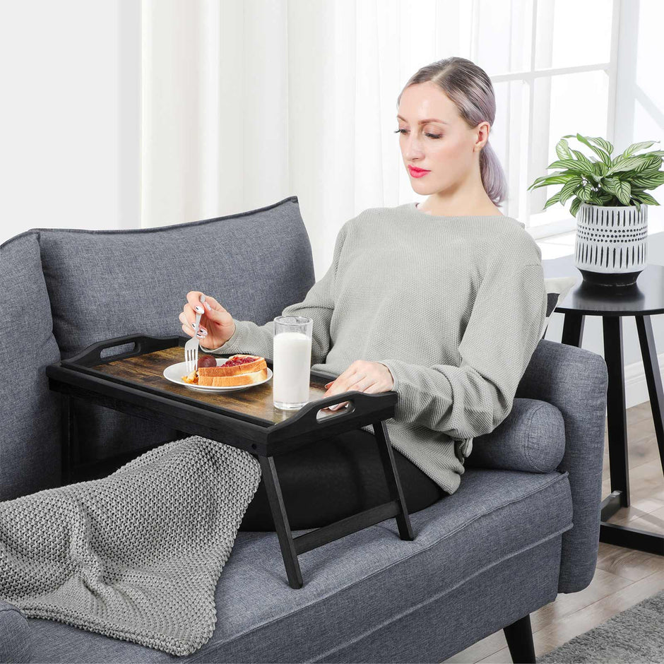 Breakfast Tray Table – Bamboo – Rustic Brown – Folding Legs with Phone and Tablet Groove