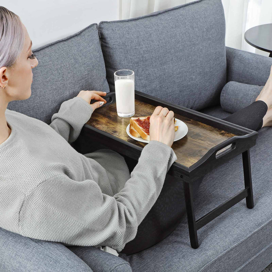 Breakfast Tray Table – Bamboo – Rustic Brown – Folding Legs with Phone and Tablet Groove