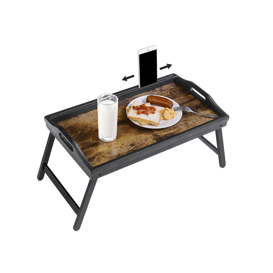 Breakfast Tray Table – Bamboo – Rustic Brown – Folding Legs with Phone and Tablet Groove