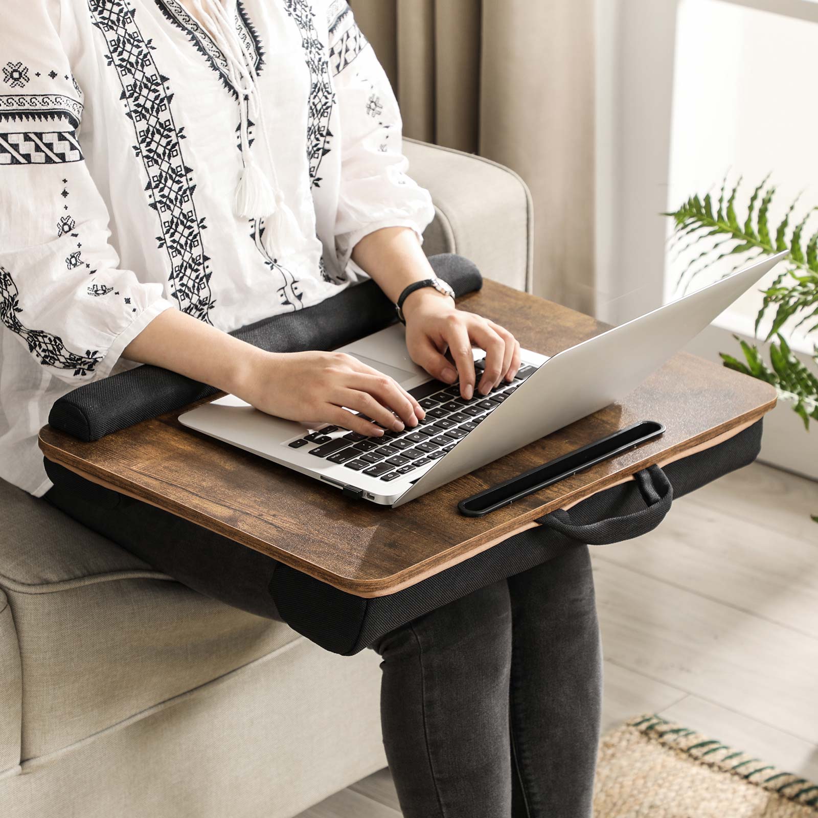 Lap Desk – Wood – Rustic Brown – With Handle and Cushion, Phone and Tablet Slot, 55 x 37 x 12 cm