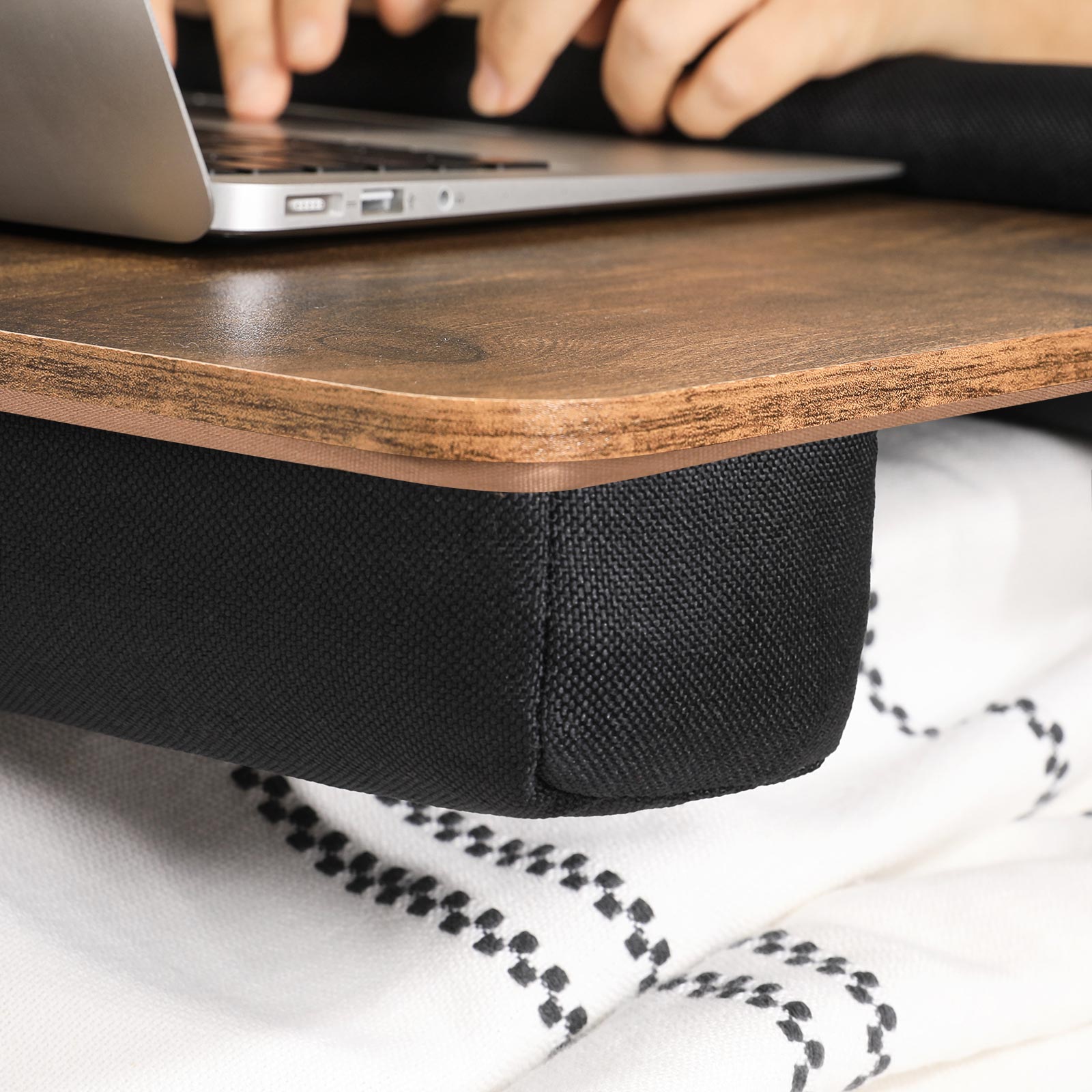 Lap Desk – Wood – Rustic Brown – With Handle and Cushion, Phone and Tablet Slot, 55 x 37 x 12 cm