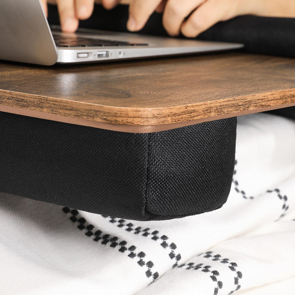 Lap Desk – Wood – Rustic Brown – With Handle and Cushion, Phone and Tablet Slot, 55 x 37 x 12 cm