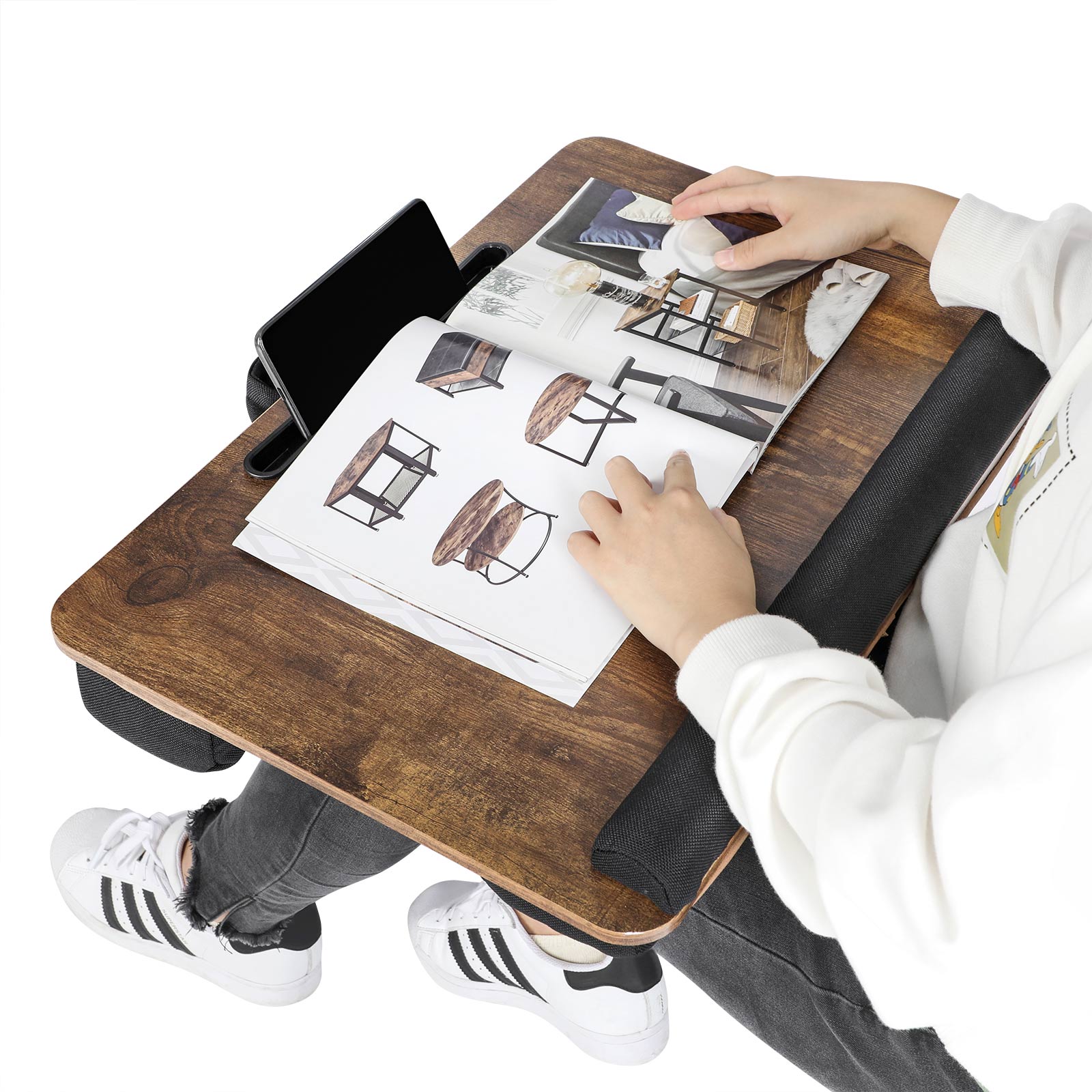 Lap Desk – Wood – Rustic Brown – With Handle and Cushion, Phone and Tablet Slot, 55 x 37 x 12 cm