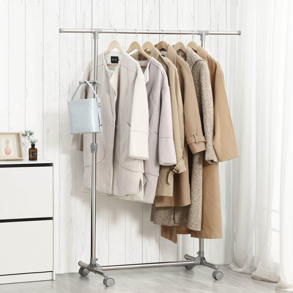 Adjustable Garment Rack – Stainless Steel – Grey – With Wheels and Additional Coat Hooks
