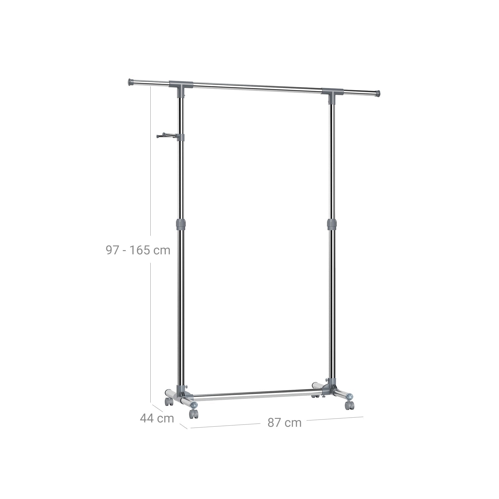 Adjustable Garment Rack – Stainless Steel – Grey – With Wheels and Additional Coat Hooks