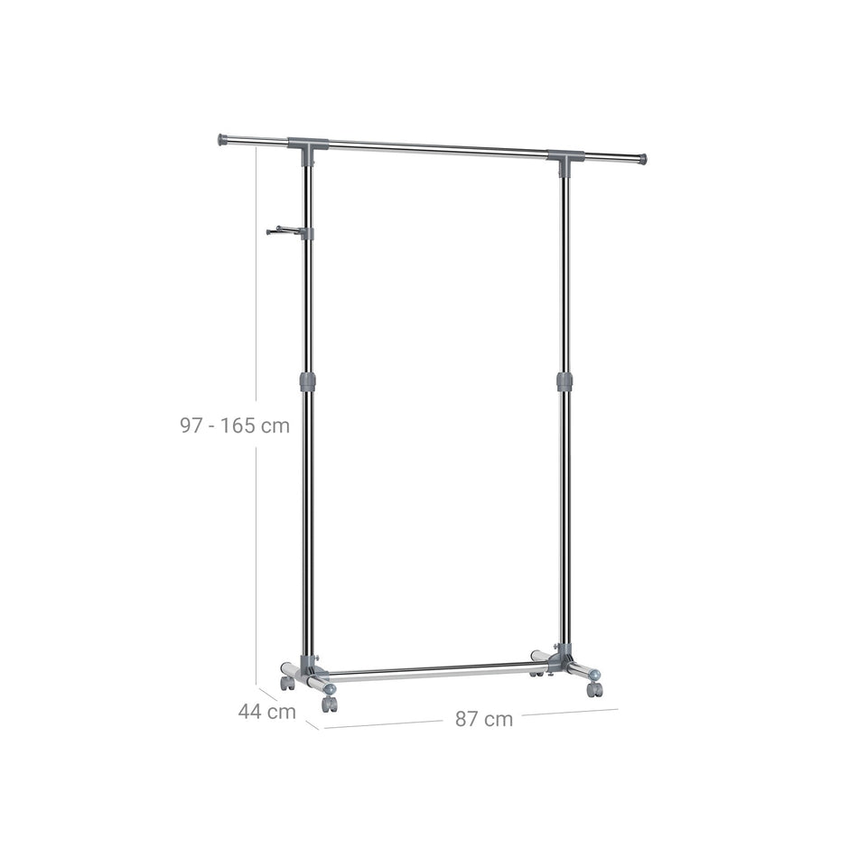 Adjustable Garment Rack – Stainless Steel – Grey – With Wheels and Additional Coat Hooks