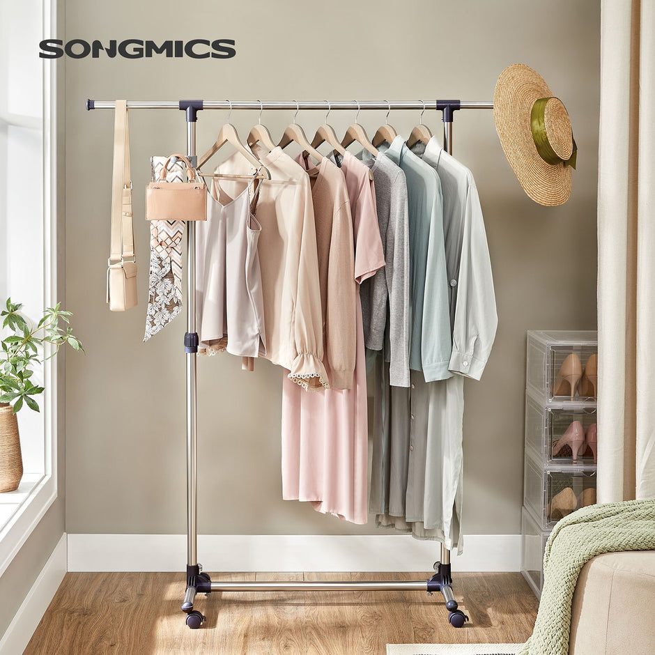 Adjustable Garment Rack – Stainless Steel – Grey – With Wheels and Additional Coat Hook