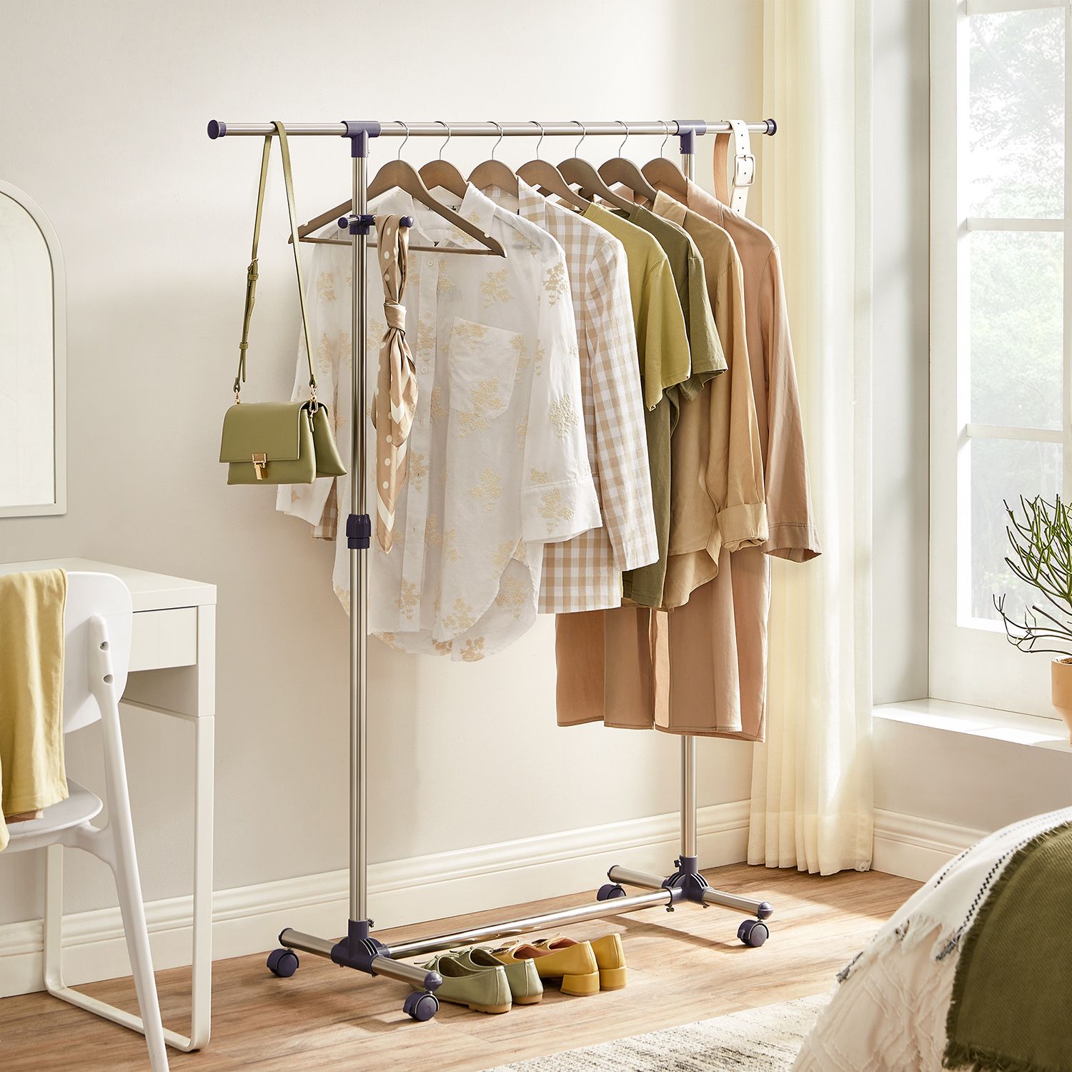 Adjustable Garment Rack – Stainless Steel – Grey – With Wheels and Additional Coat Hook