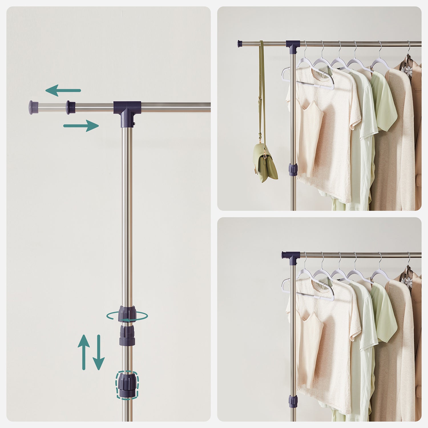 Adjustable Garment Rack – Stainless Steel – Grey – With Wheels and Additional Coat Hook