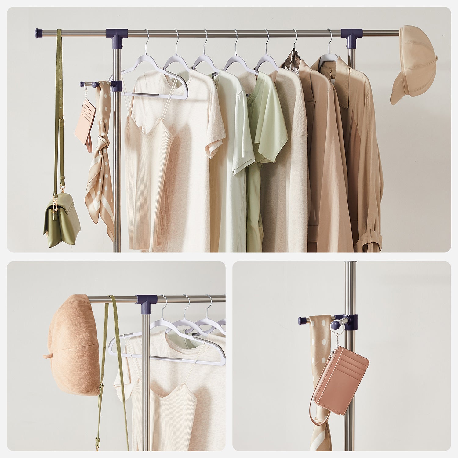 Adjustable Garment Rack – Stainless Steel – Grey – With Wheels and Additional Coat Hook
