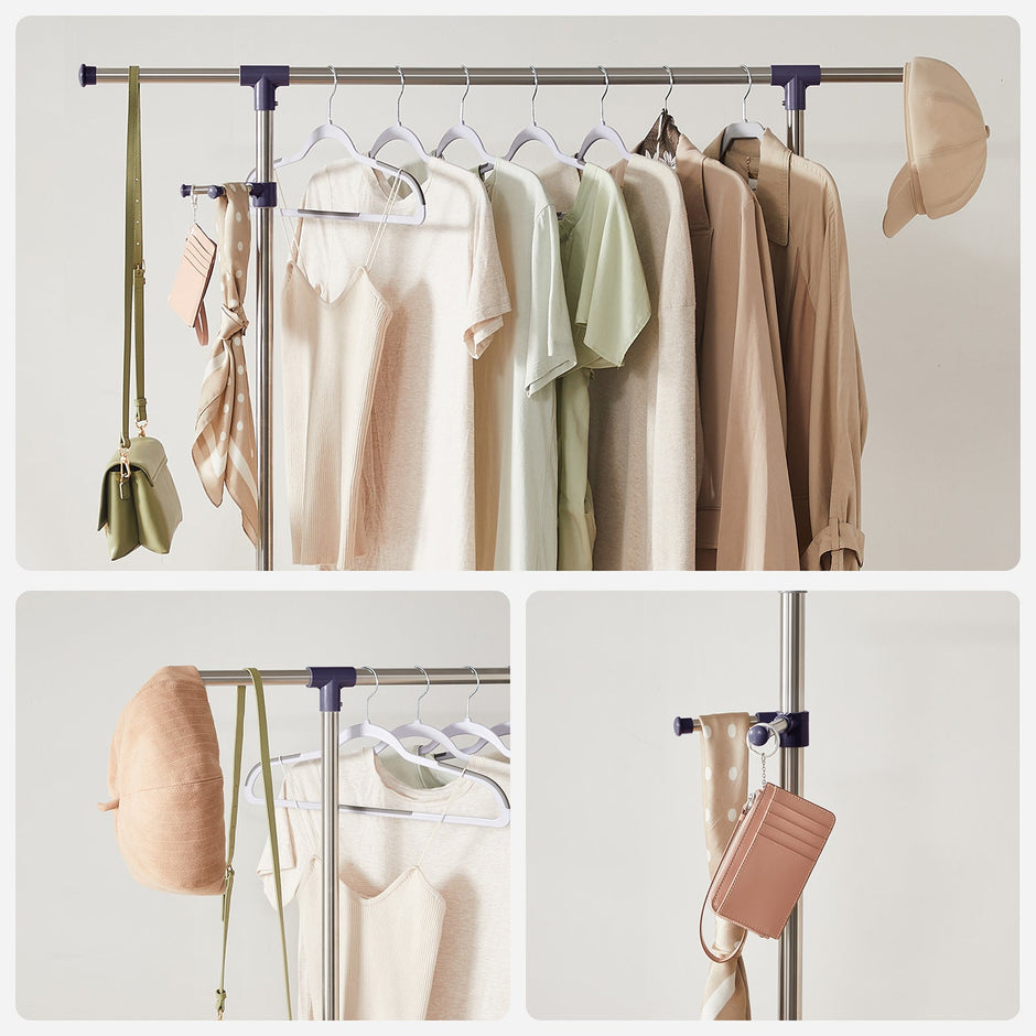 Adjustable Garment Rack – Stainless Steel – Grey – With Wheels and Additional Coat Hook