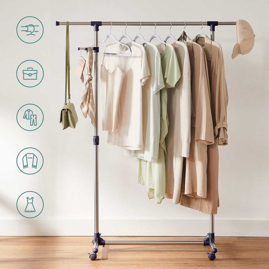 Adjustable Garment Rack – Stainless Steel – Grey – With Wheels and Additional Coat Hook