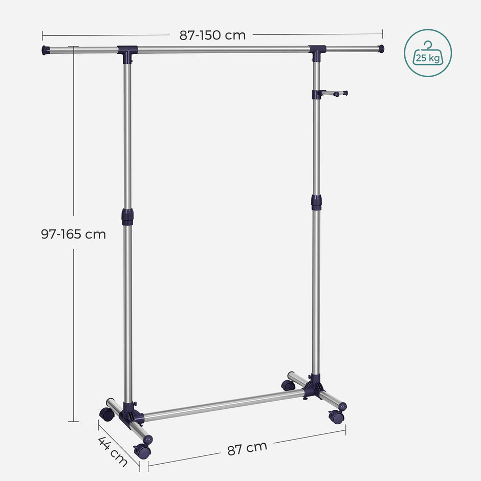 Adjustable Garment Rack – Stainless Steel – Grey – With Wheels and Additional Coat Hook