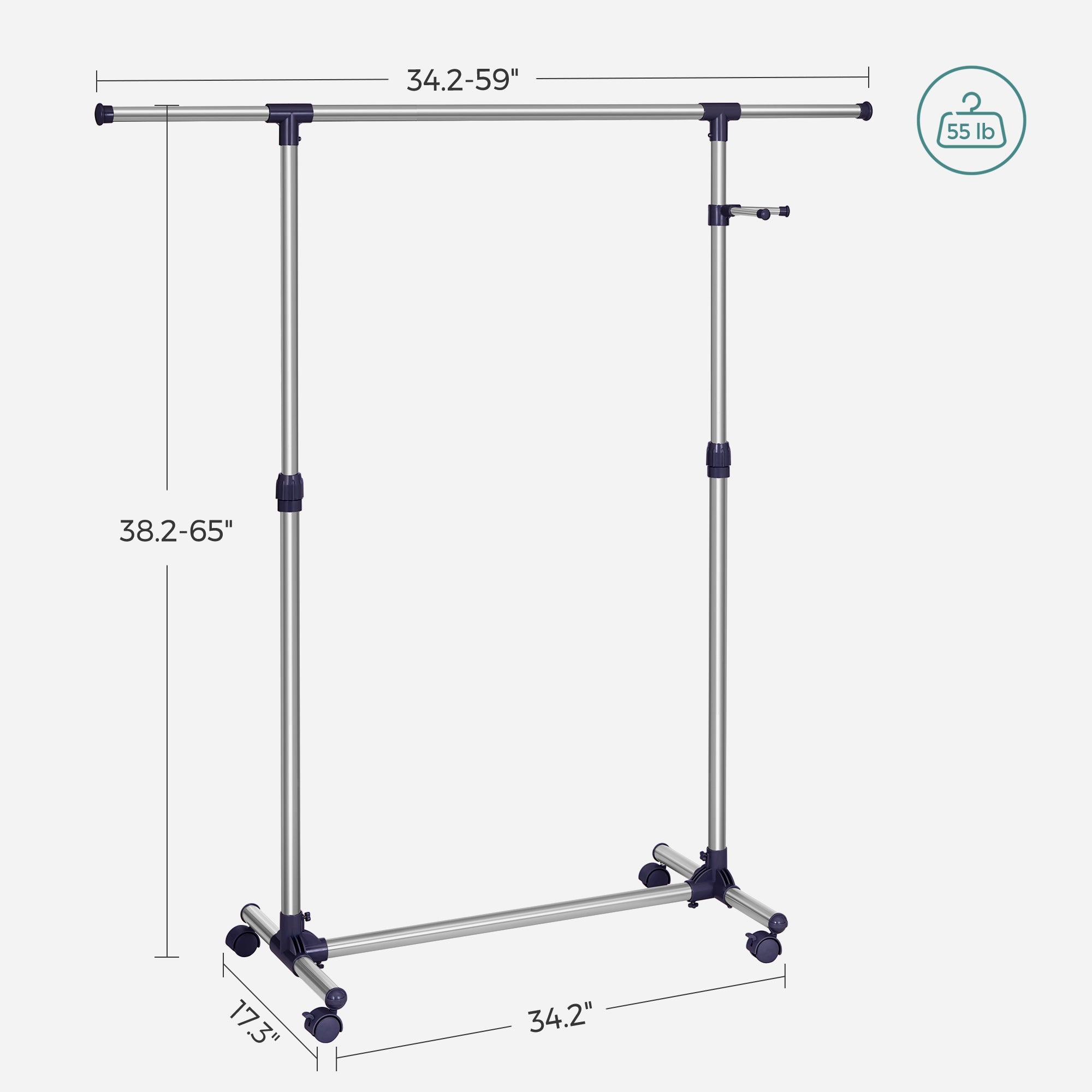 Adjustable Garment Rack – Stainless Steel – Grey – With Wheels and Additional Coat Hook