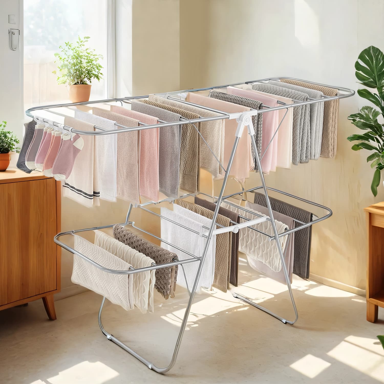 Clothes Drying Rack – Metal – Silver – Foldable with Height-Adjustable Wings