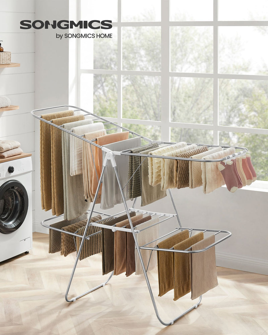2-Level Clothes Drying Rack – Metal – Adjustable Height – Foldable and Free-Standing