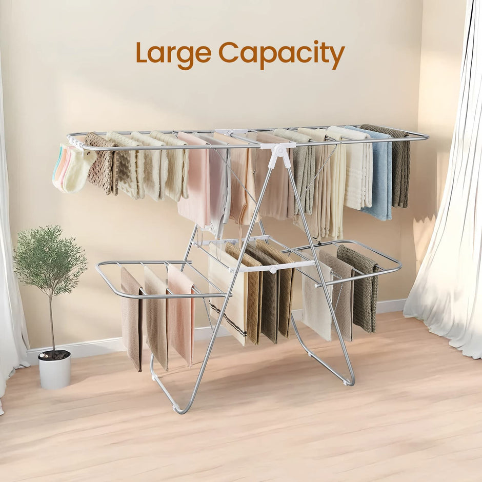 Clothes Drying Rack – Metal – Silver – Foldable with Height-Adjustable Wings