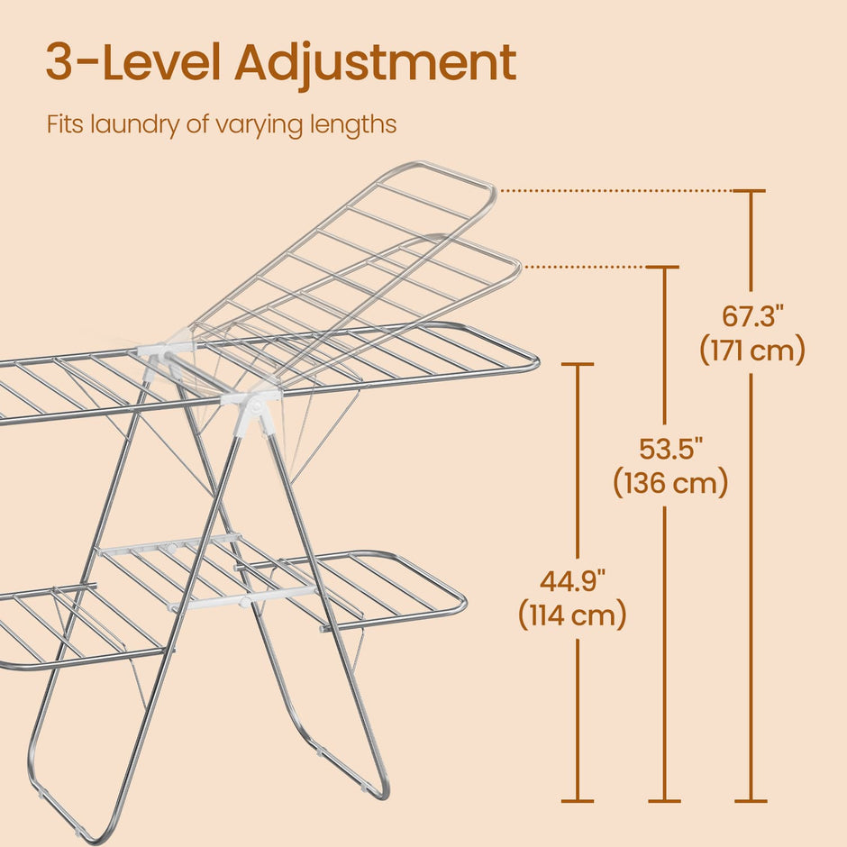 Clothes Drying Rack – Metal – Silver – Foldable with Height-Adjustable Wings