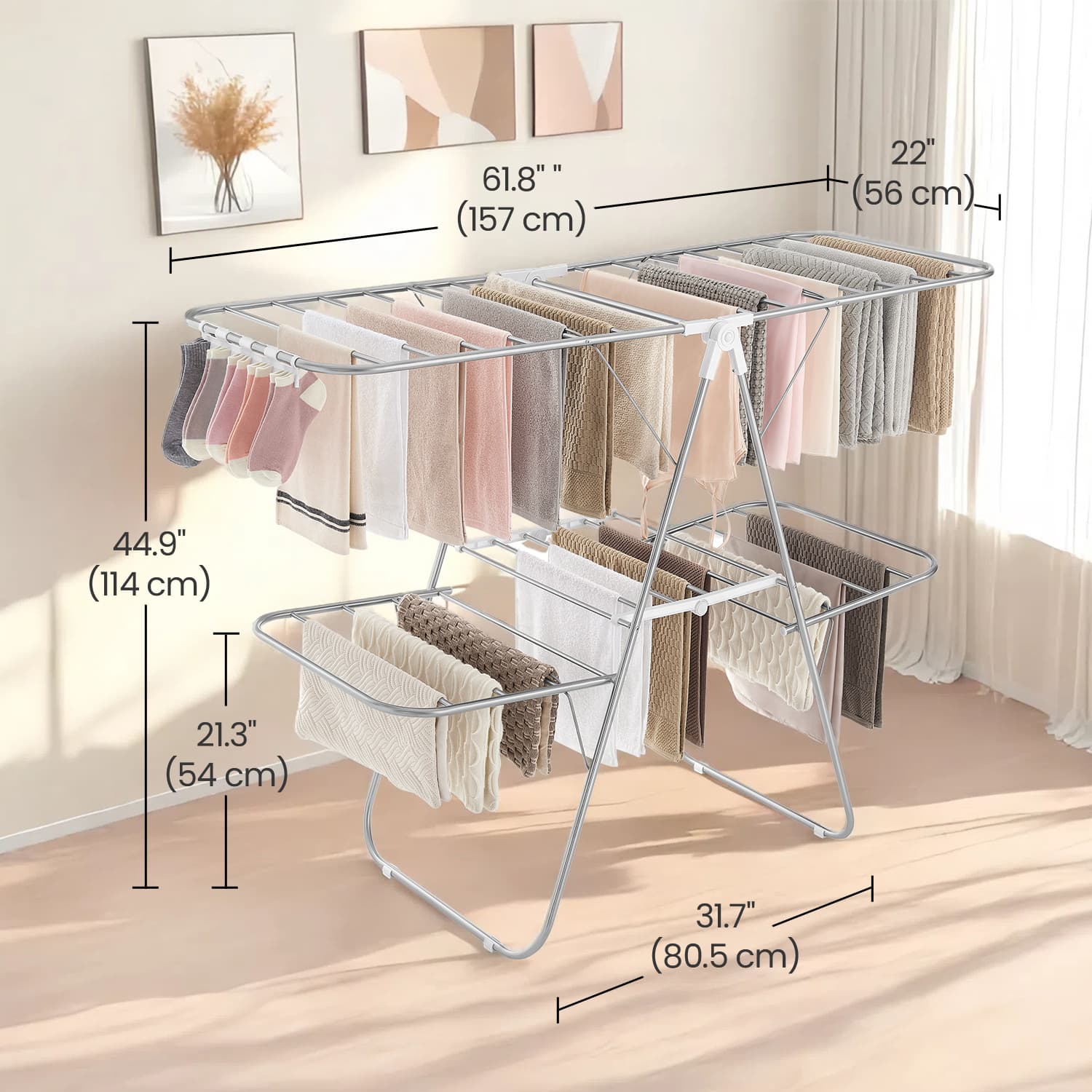 Clothes Drying Rack – Metal – Silver – Foldable with Height-Adjustable Wings