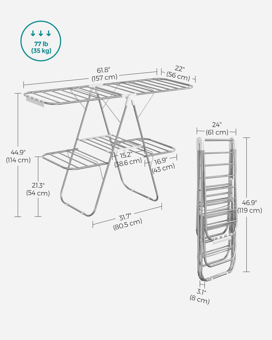 2-Level Clothes Drying Rack – Metal – Adjustable Height – Foldable and Free-Standing