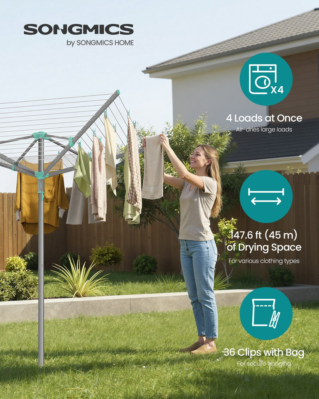 Rotary Washing Line - 45m - Steel/Plastic - Foldable - Includes Clips and Protective Cover