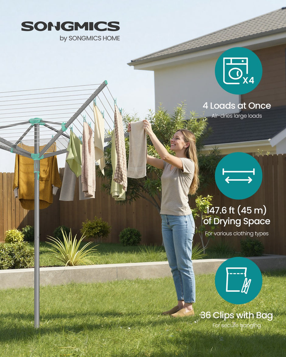 Rotary Washing Line - 45m - Steel/Plastic - Foldable - Includes Clips and Protective Cover