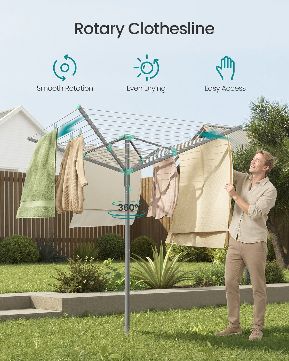 Rotary Washing Line - 45m - Steel/Plastic - Foldable - Includes Clips and Protective Cover