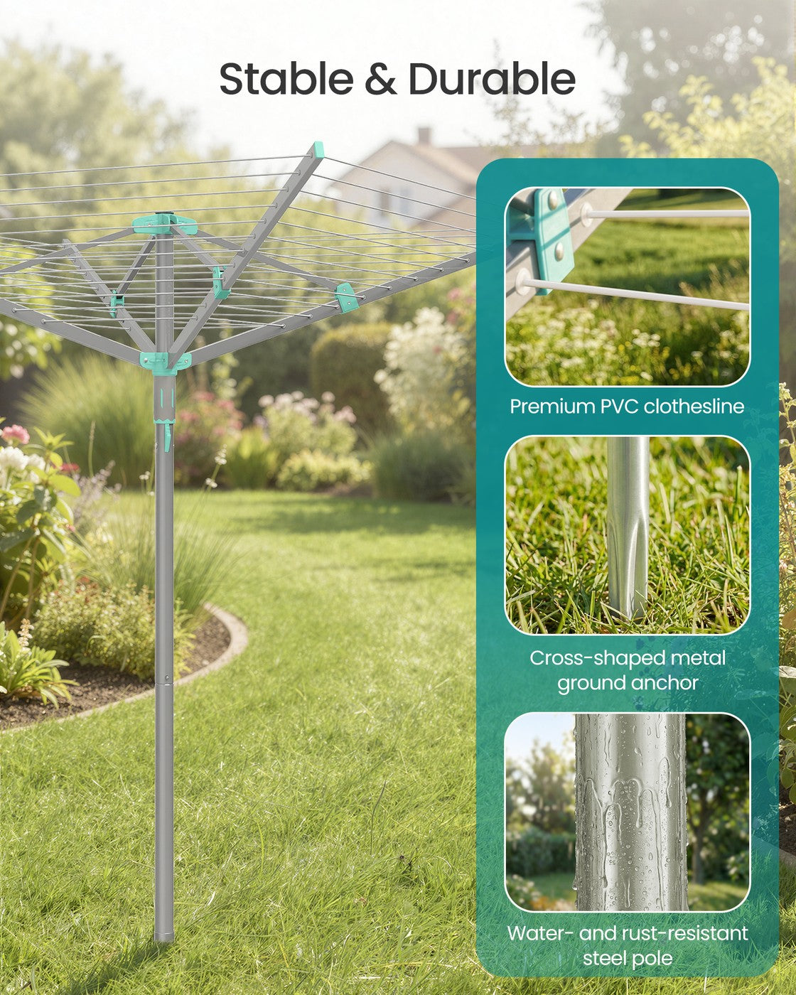 Rotary Washing Line - 45m - Steel/Plastic - Foldable - Includes Clips and Protective Cover