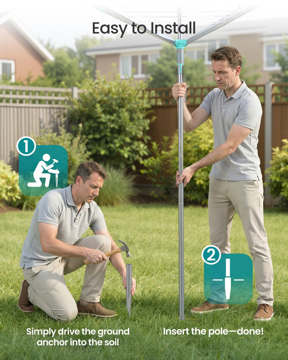 Rotary Washing Line - 45m - Steel/Plastic - Foldable - Includes Clips and Protective Cover
