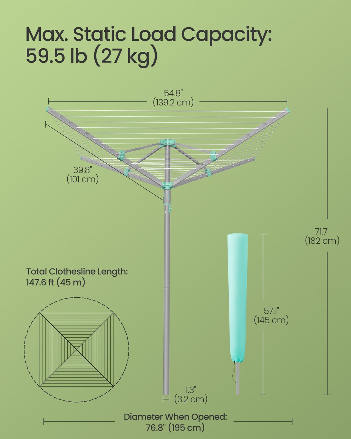 Rotary Washing Line - 45m - Steel/Plastic - Foldable - Includes Clips and Protective Cover