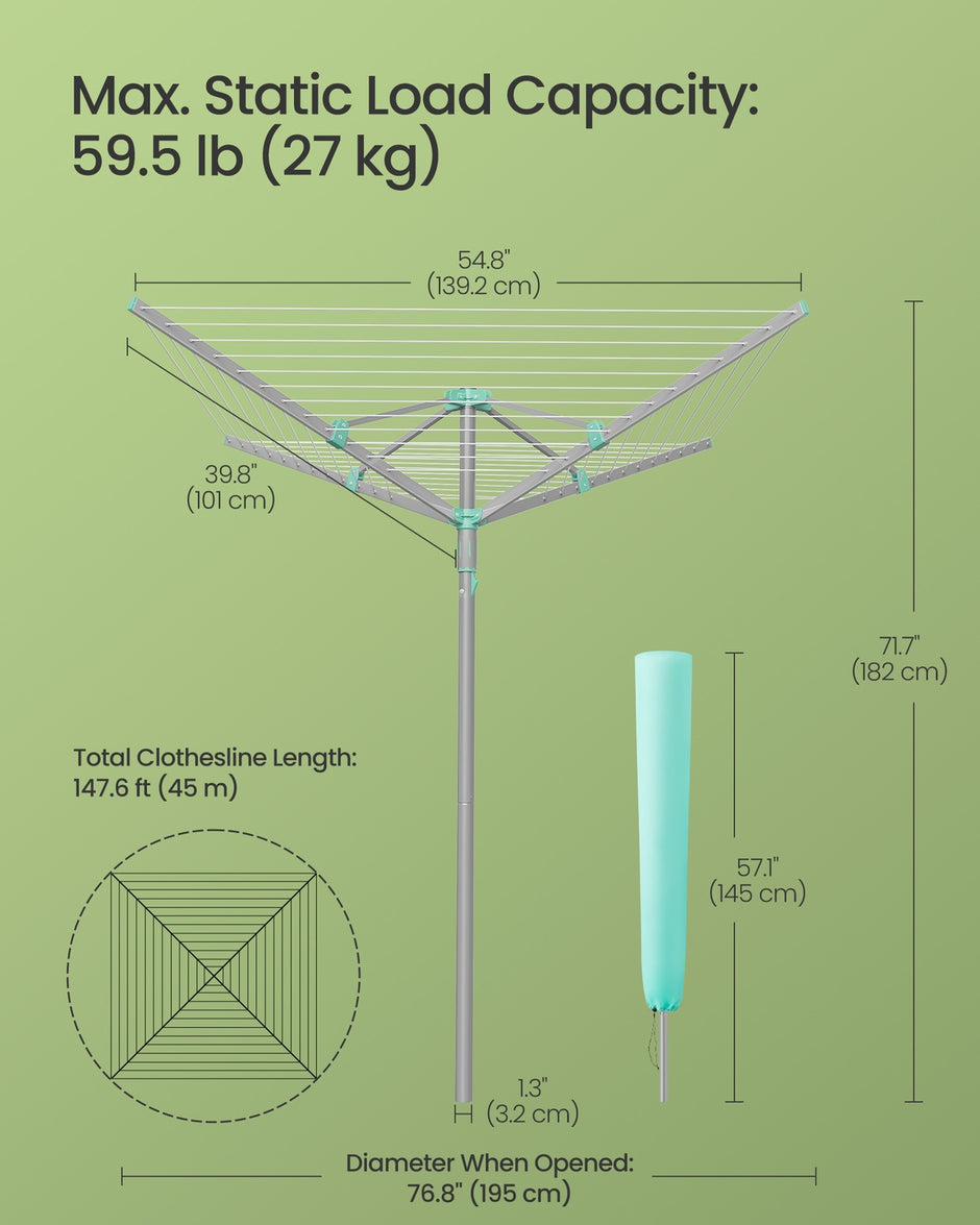 Rotary Washing Line - 45m - Steel/Plastic - Foldable - Includes Clips and Protective Cover