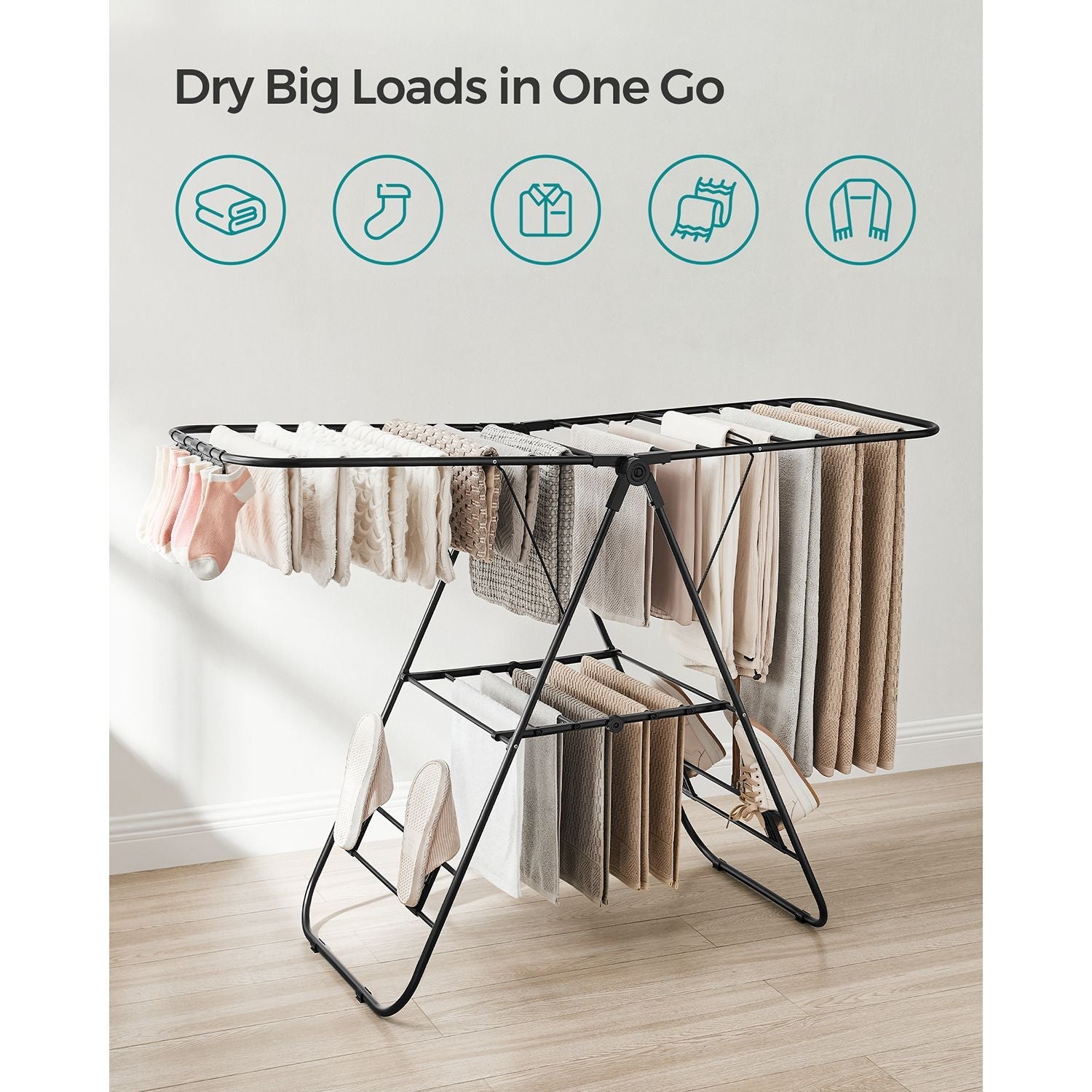 Foldable Clothes Airer – Stainless Steel – Black – 16 Metre Drying Space