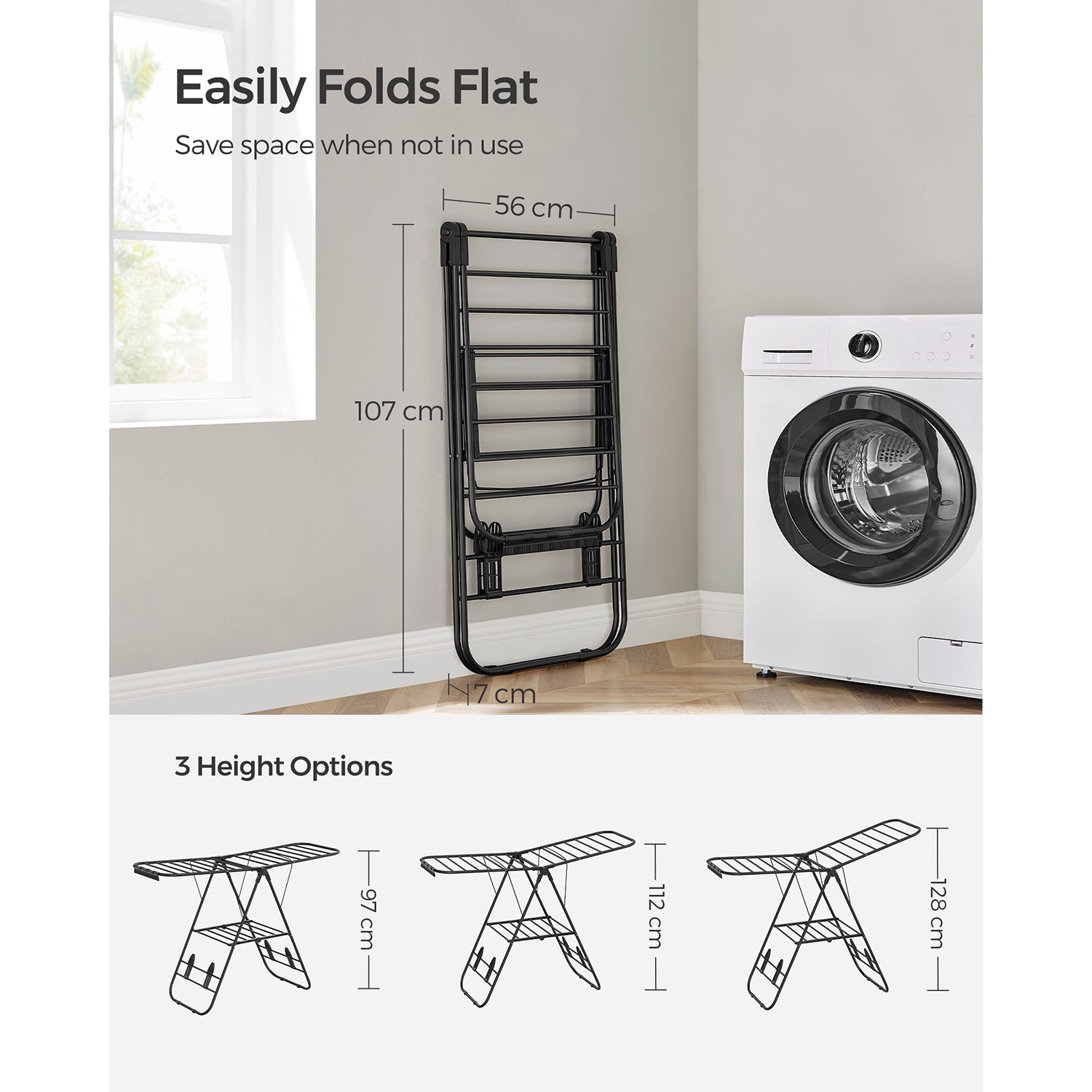 Foldable Clothes Airer – Stainless Steel – Black – 16 Metre Drying Space