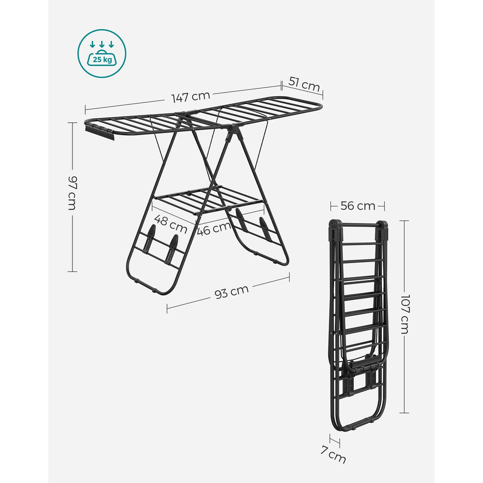 Foldable Clothes Airer – Stainless Steel – Black – 16 Metre Drying Space