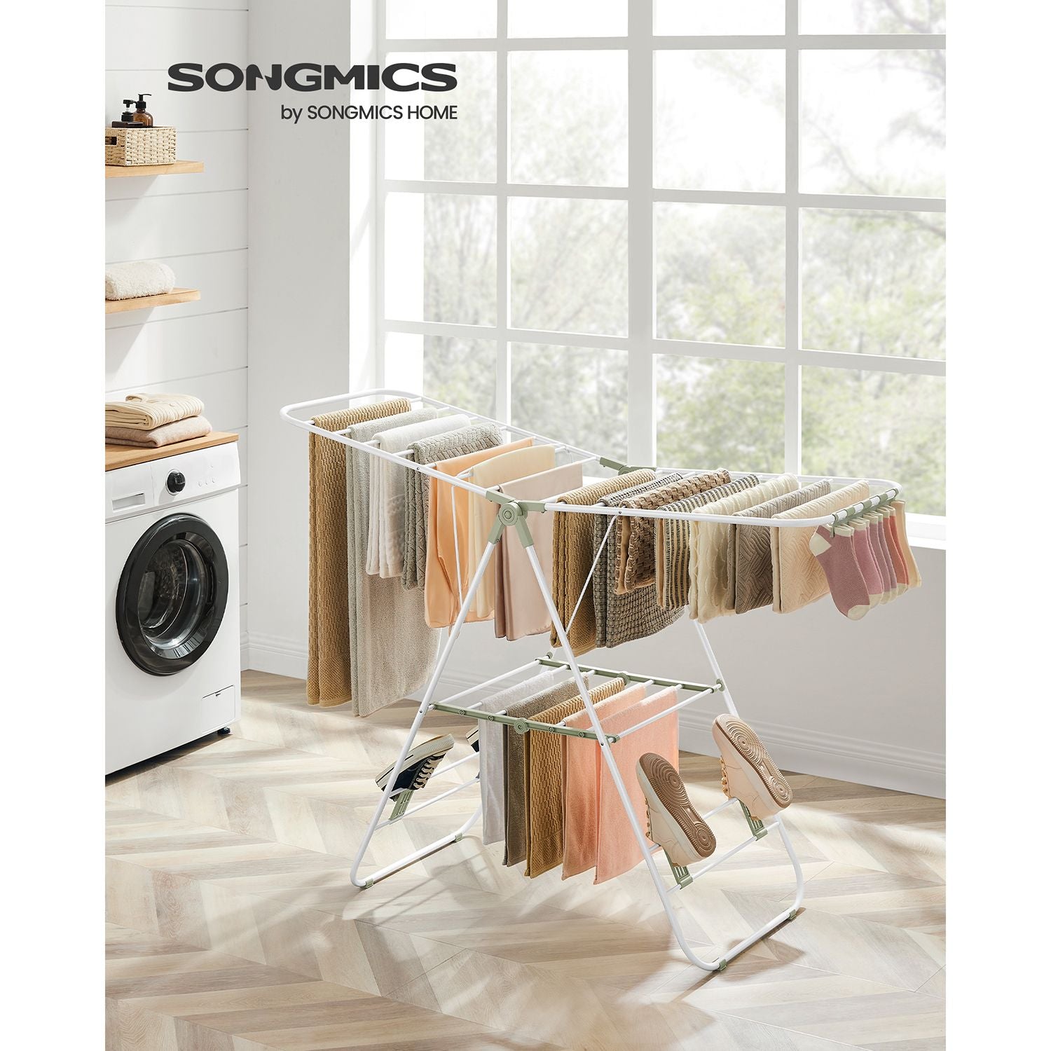 Folding Clothes Drying Rack – Stainless Steel – White and Green – 16 Metre Drying Space