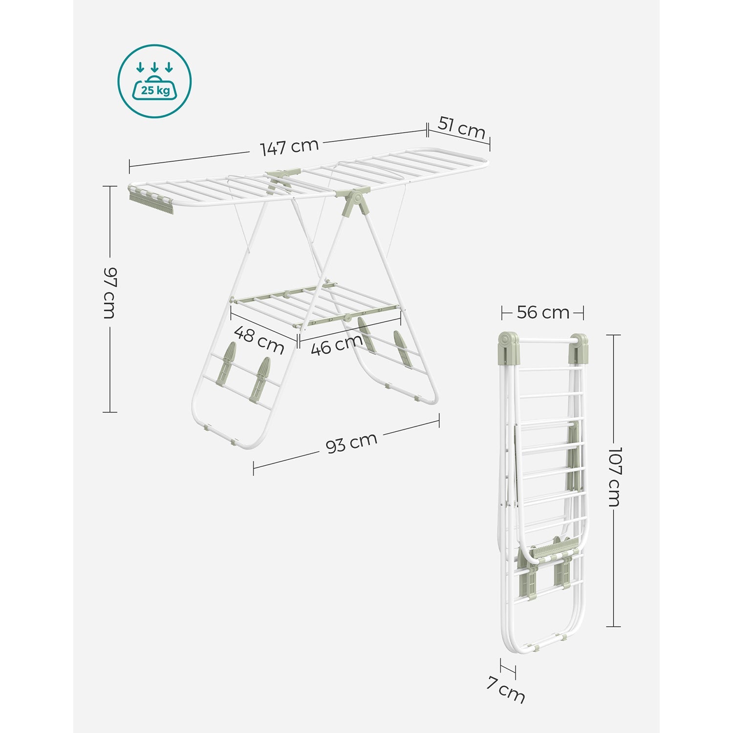 Folding Clothes Drying Rack – Stainless Steel – White and Green – 16 Metre Drying Space