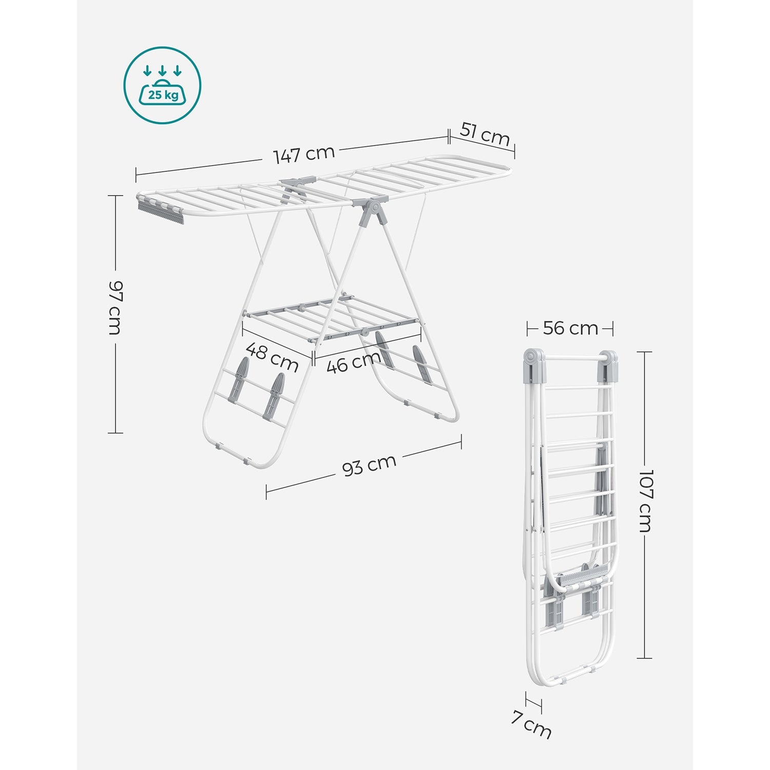Foldable Clothes Airer – Stainless Steel – White and Grey – 16 Metre Drying Space