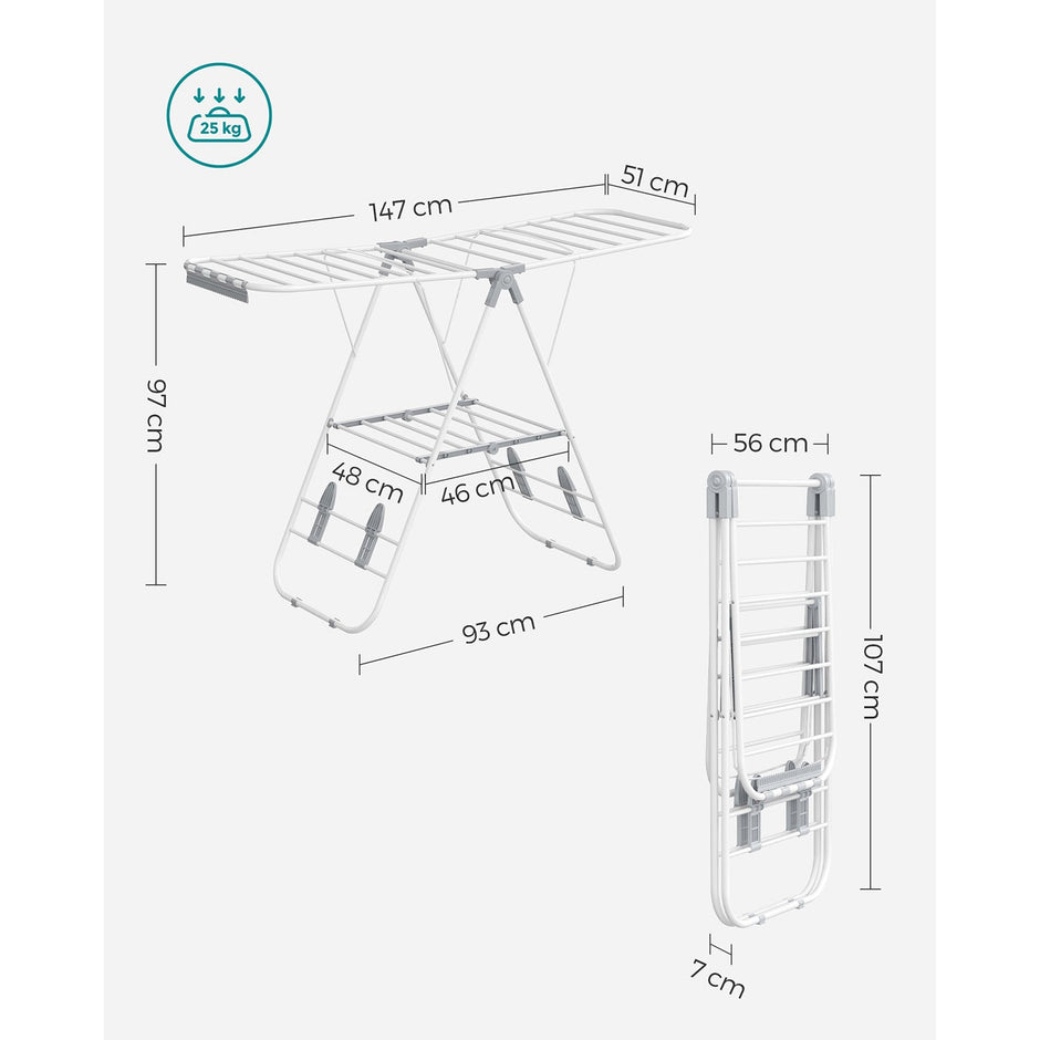 Foldable Clothes Airer – Stainless Steel – White and Grey – 16 Metre Drying Space