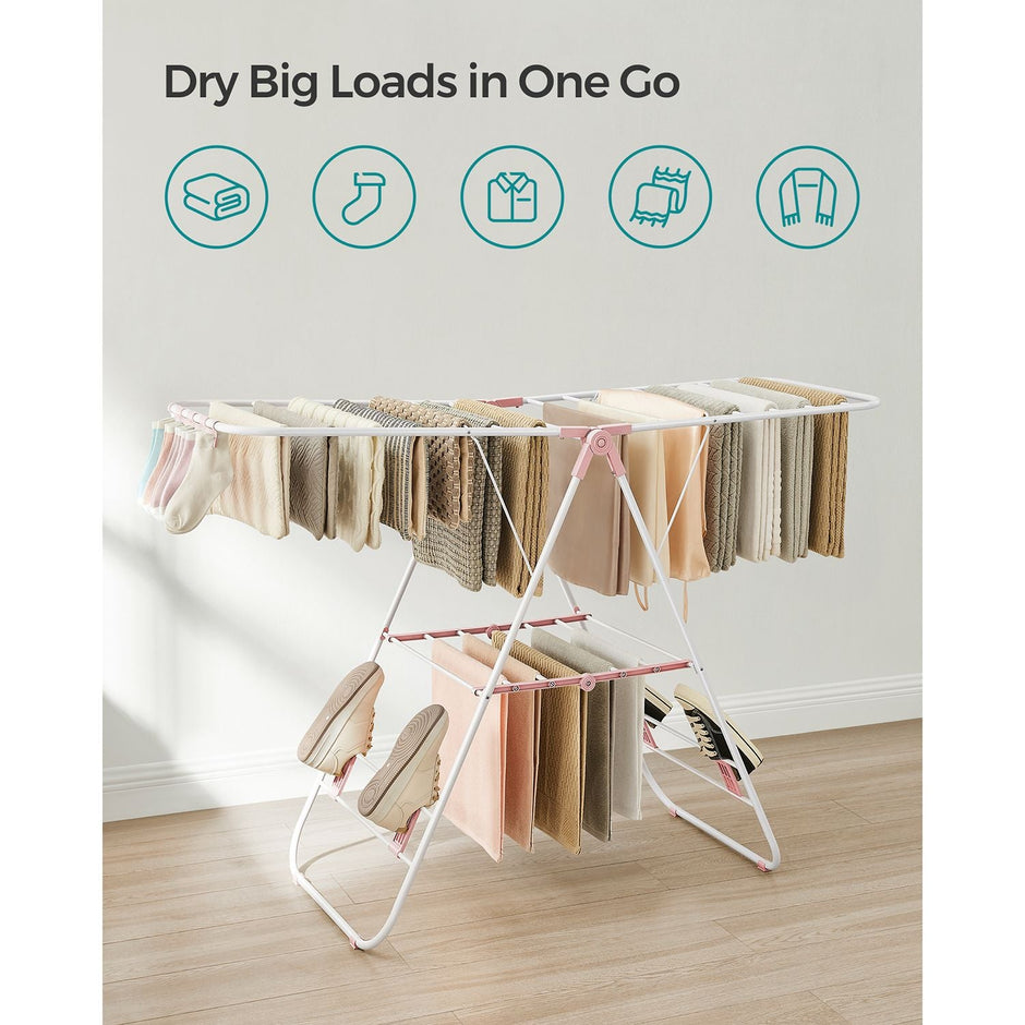 Foldable Clothes Drying Rack – Stainless Steel – White and Pink – 16 Metre Drying Space
