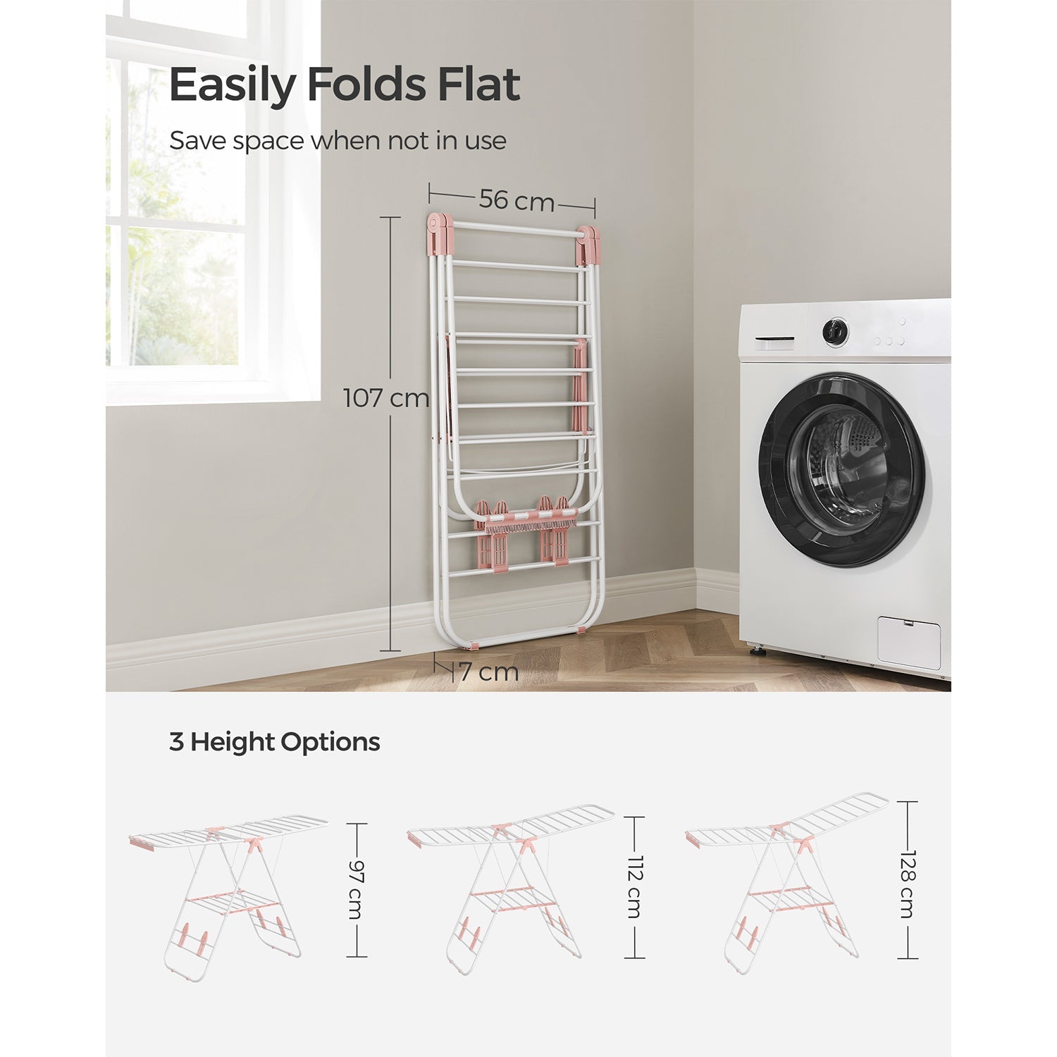 Foldable Clothes Drying Rack – Stainless Steel – White and Pink – 16 Metre Drying Space